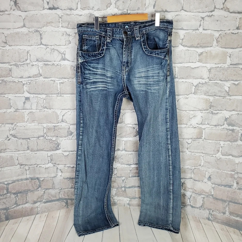 Mens Jeans Relaxed Straight Leg 34W x 32L Whiskered Flap Pocket Twice Brand